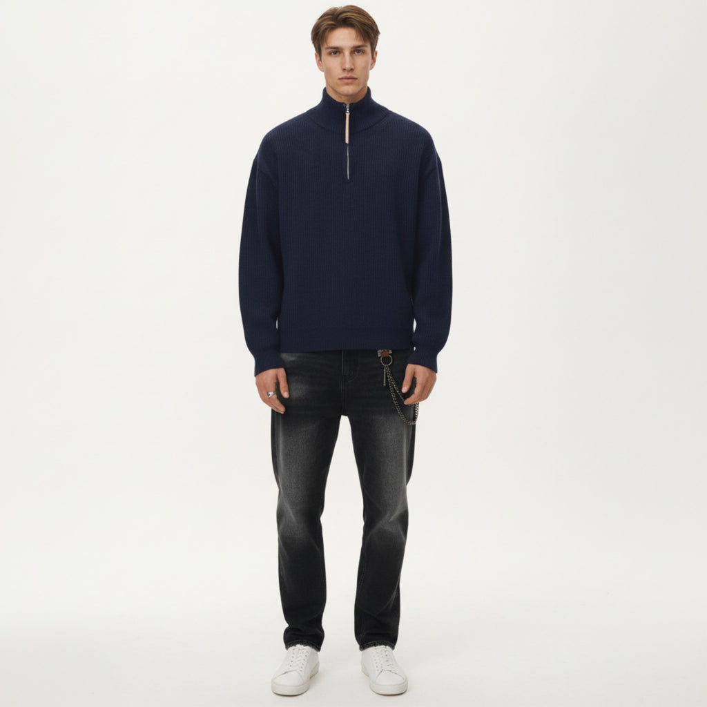 Anna-Kaci Men's Ribbed Half Zip Sweater with Relaxed Fit and Stand Collar Design