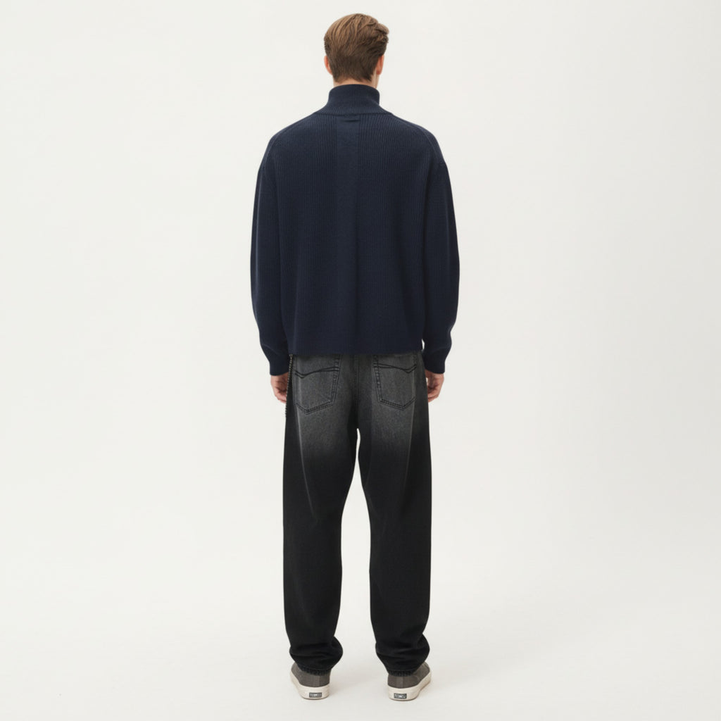 Anna-Kaci Men's Ribbed Half Zip Sweater with Relaxed Fit and Stand Collar Design