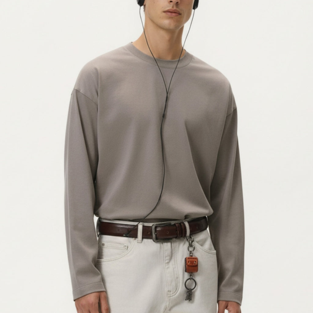 Anna-Kaci Men's Long Sleeve Crewneck T Shirt with Relaxed Fit and Clean Minimal Design