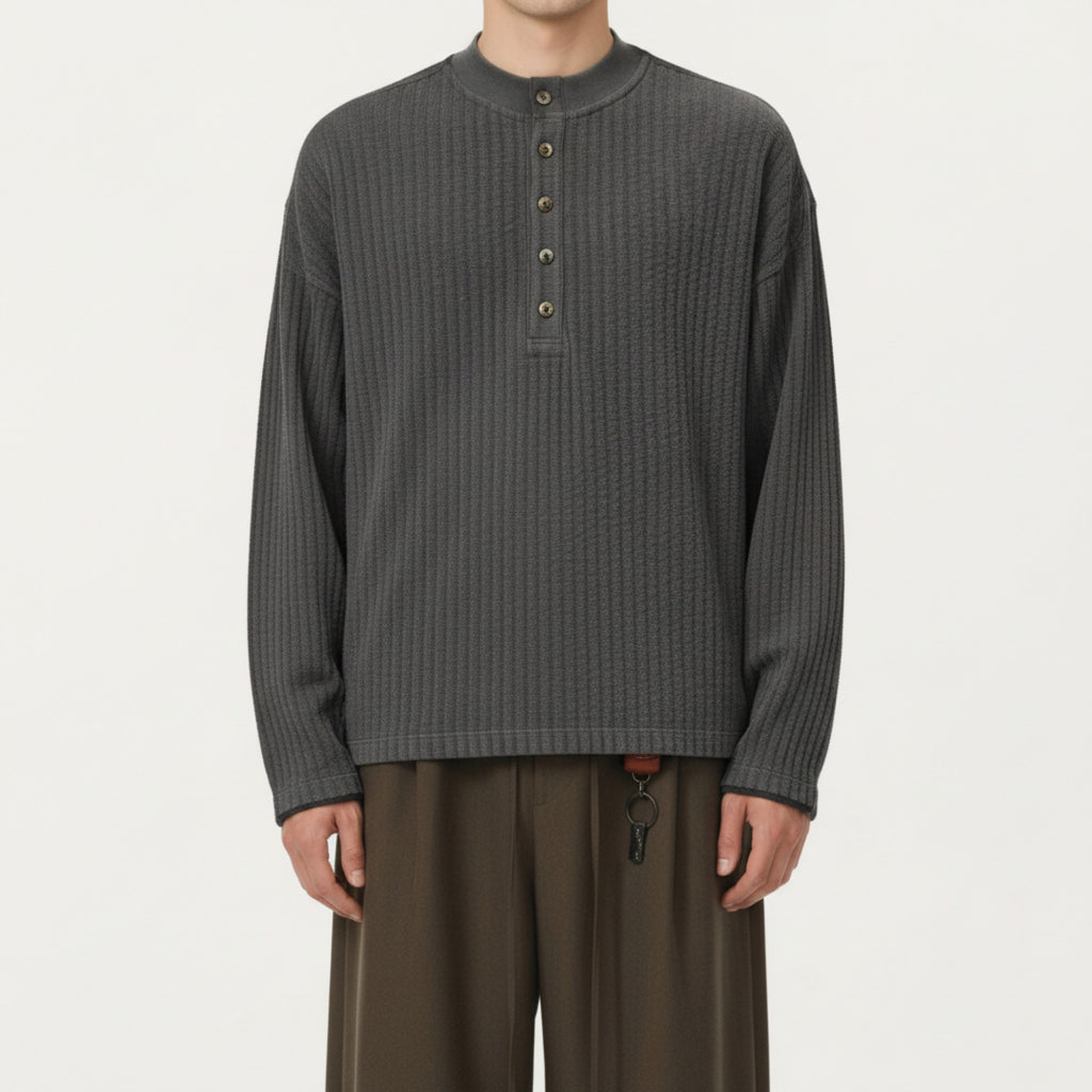 Anna-Kaci Men's Long Sleeve Ribbed Knit Henley Pullover with Button Placket and Relaxed Fit