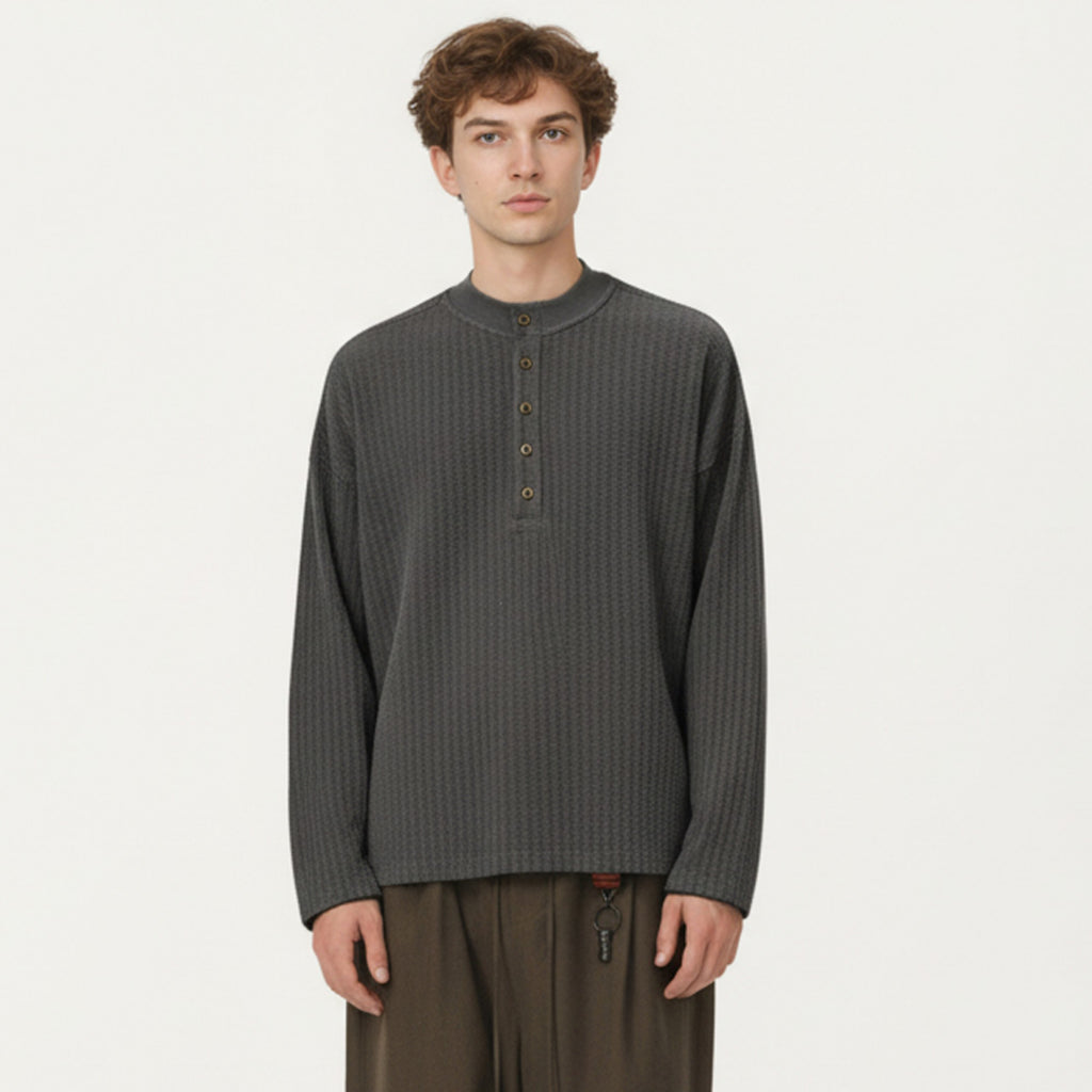 Anna-Kaci Men's Long Sleeve Ribbed Knit Henley Pullover with Button Placket and Relaxed Fit