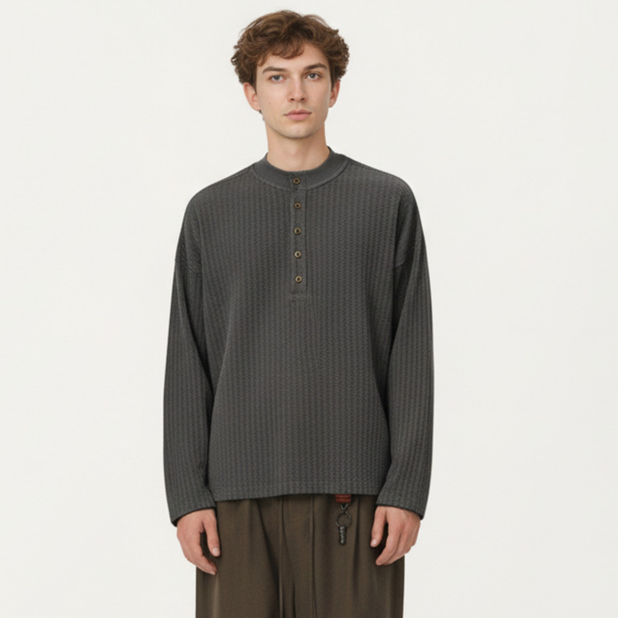 Anna-Kaci Men's Long Sleeve Ribbed Knit Henley Pullover with Button Placket and Relaxed Fit
