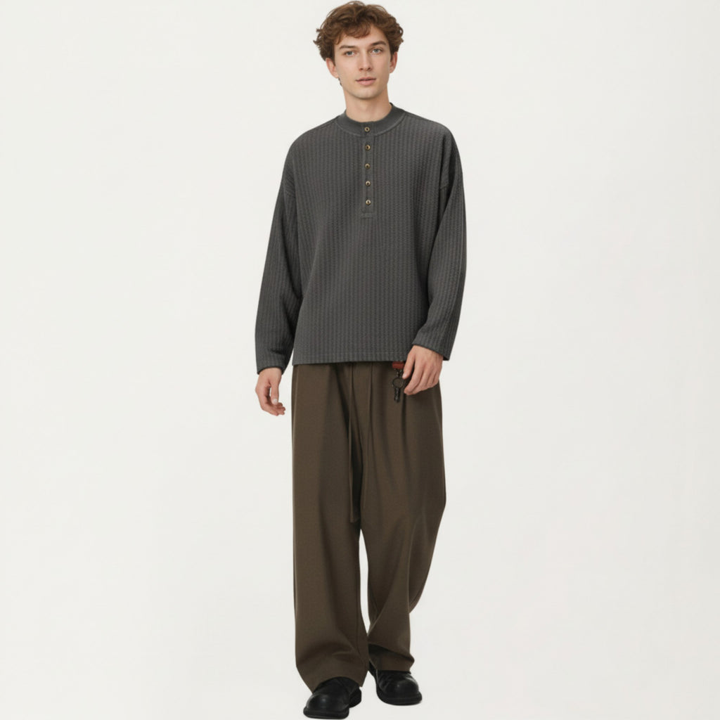 Anna-Kaci Men's Long Sleeve Ribbed Knit Henley Pullover with Button Placket and Relaxed Fit
