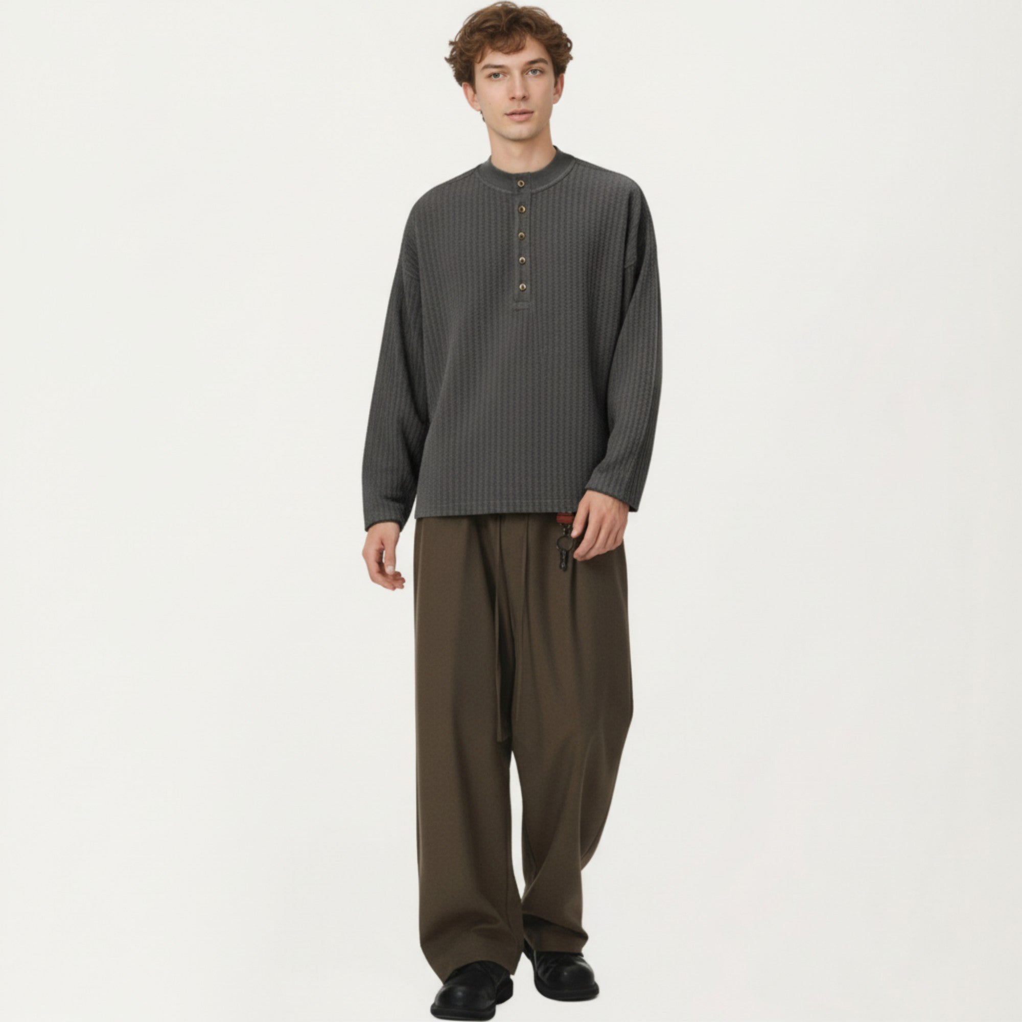 Anna-Kaci Men's Long Sleeve Ribbed Knit Henley Pullover with Button Placket and Relaxed Fit