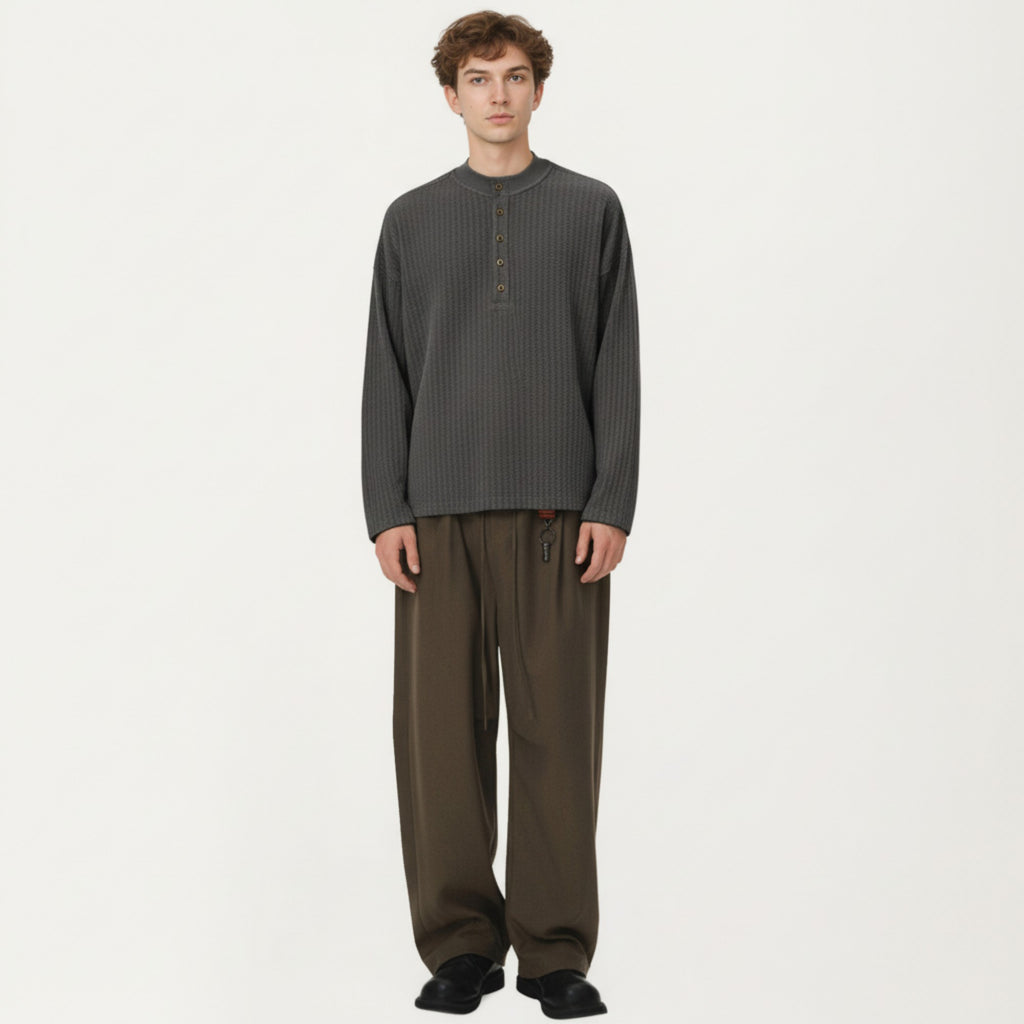 Anna-Kaci Men's Long Sleeve Ribbed Knit Henley Pullover with Button Placket and Relaxed Fit
