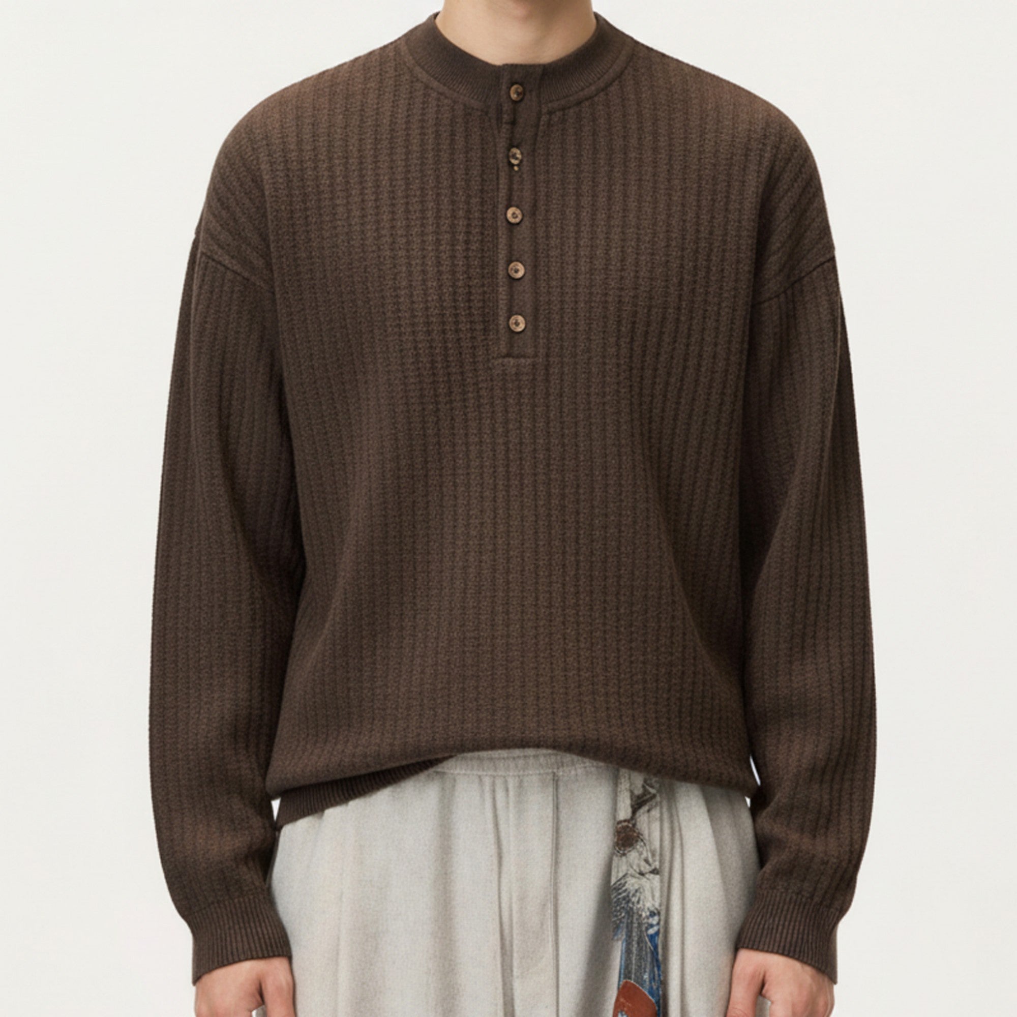 Anna-Kaci Men's Long Sleeve Ribbed Knit Henley Pullover with Button Placket and Relaxed Fit