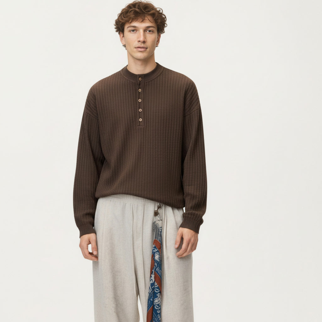Anna-Kaci Men's Long Sleeve Ribbed Knit Henley Pullover with Button Placket and Relaxed Fit