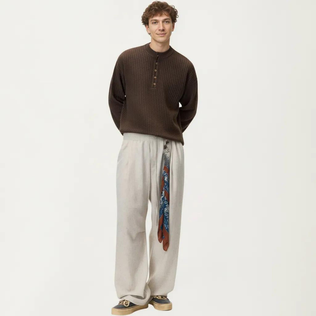 Anna-Kaci Men's Long Sleeve Ribbed Knit Henley Pullover with Button Placket and Relaxed Fit
