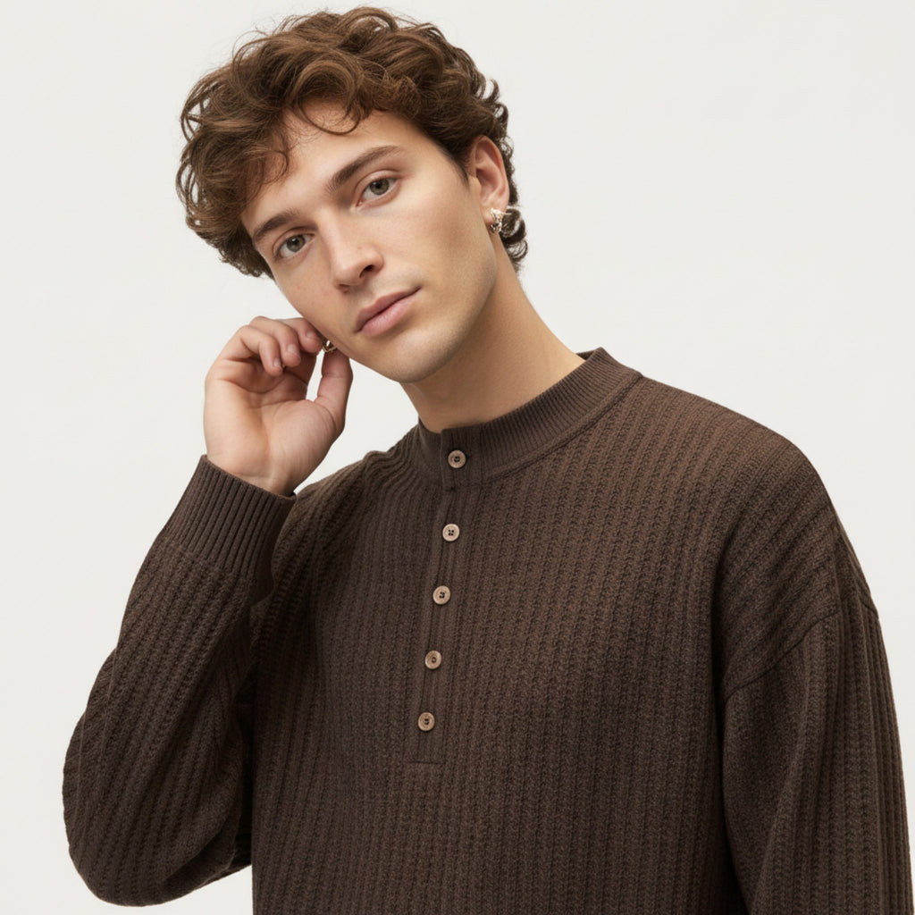 Anna-Kaci Men's Long Sleeve Ribbed Knit Henley Pullover with Button Placket and Relaxed Fit