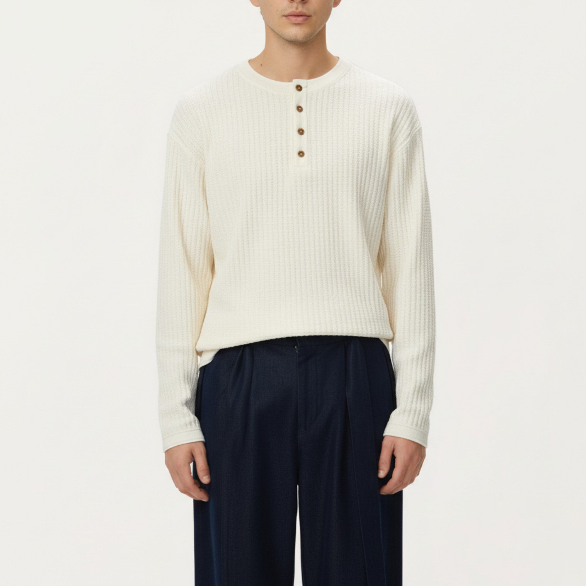 Anna-Kaci Men's Long Sleeve Ribbed Knit Henley Pullover with Button Placket and Relaxed Fit