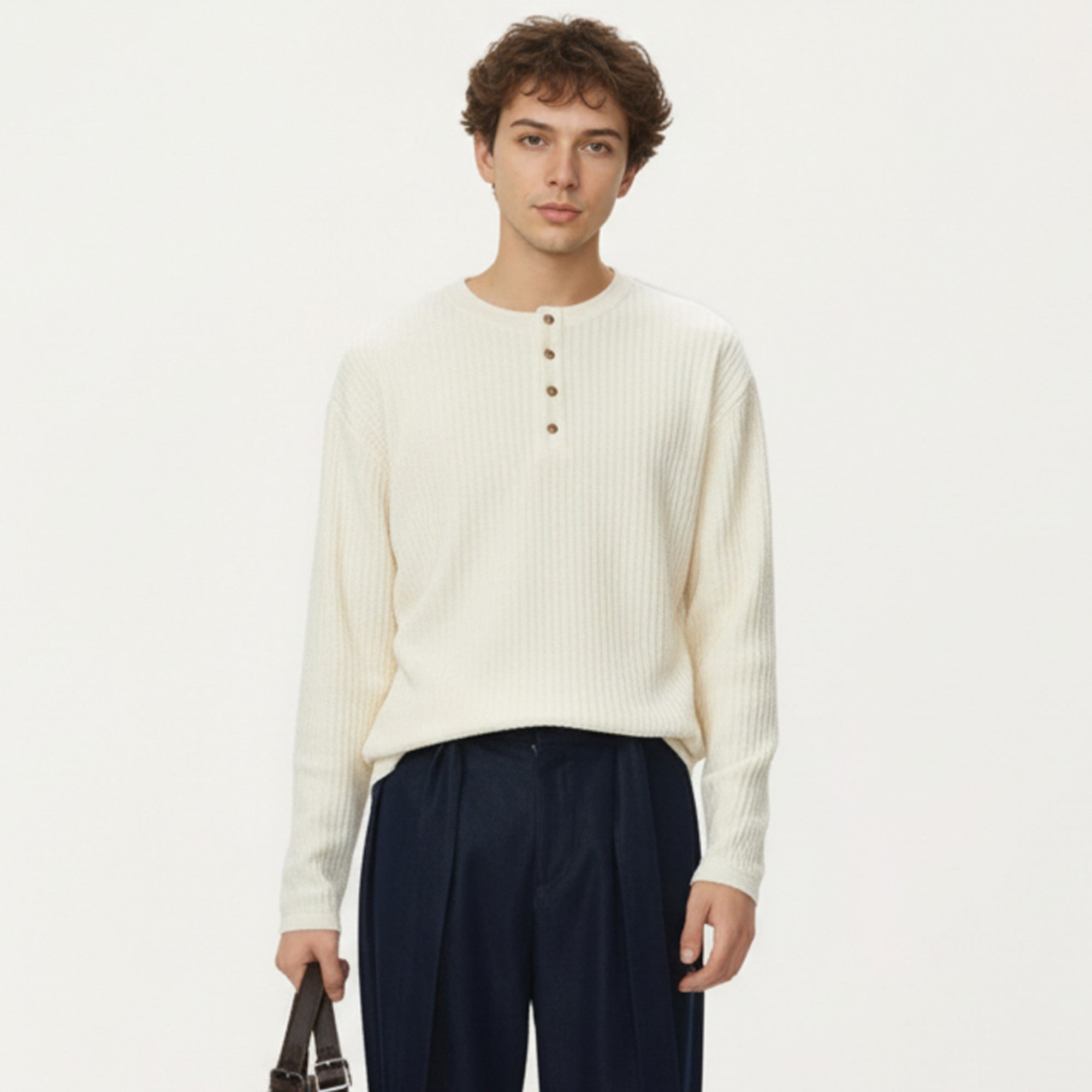 Anna-Kaci Men's Long Sleeve Ribbed Knit Henley Pullover with Button Placket and Relaxed Fit