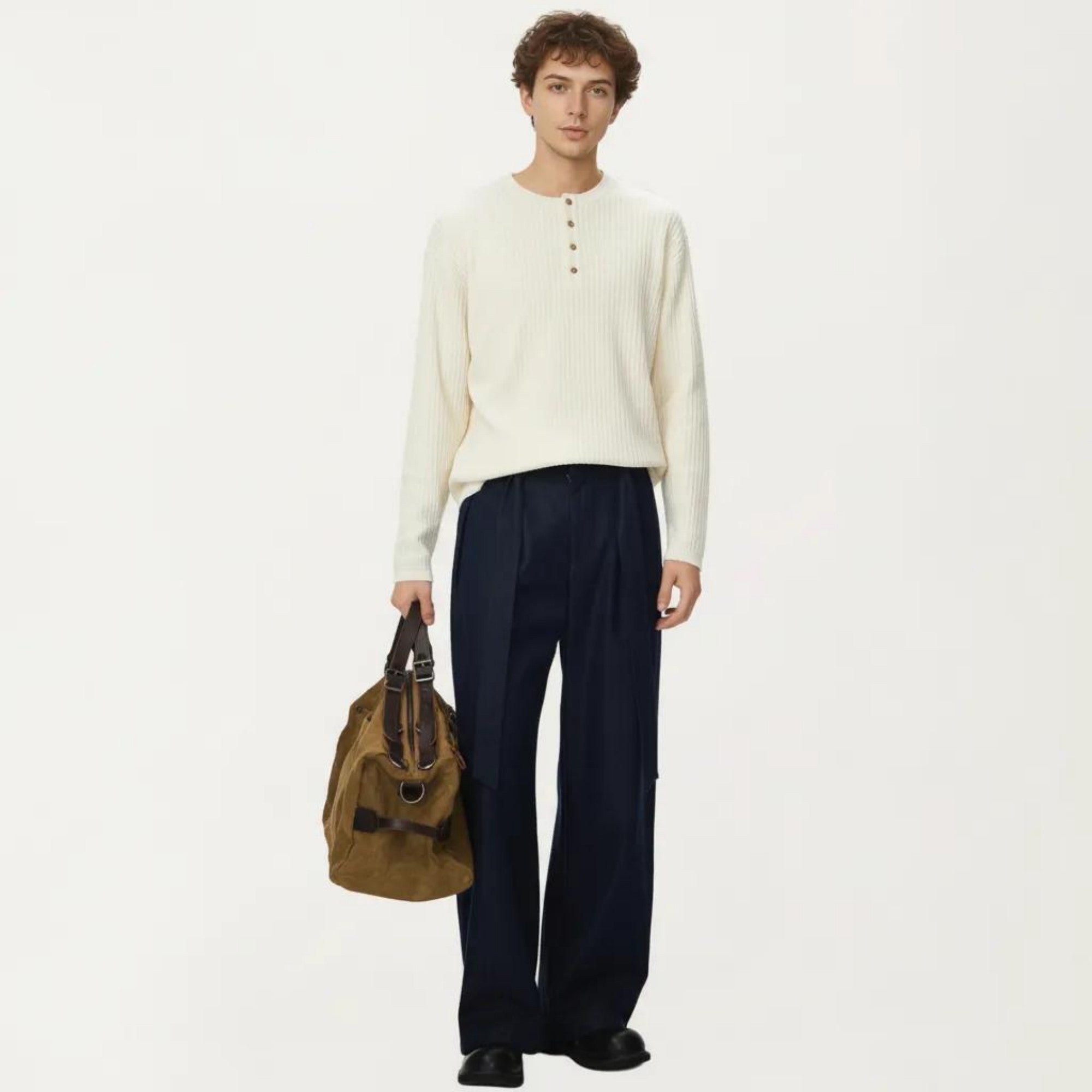 Anna-Kaci Men's Long Sleeve Ribbed Knit Henley Pullover with Button Placket and Relaxed Fit