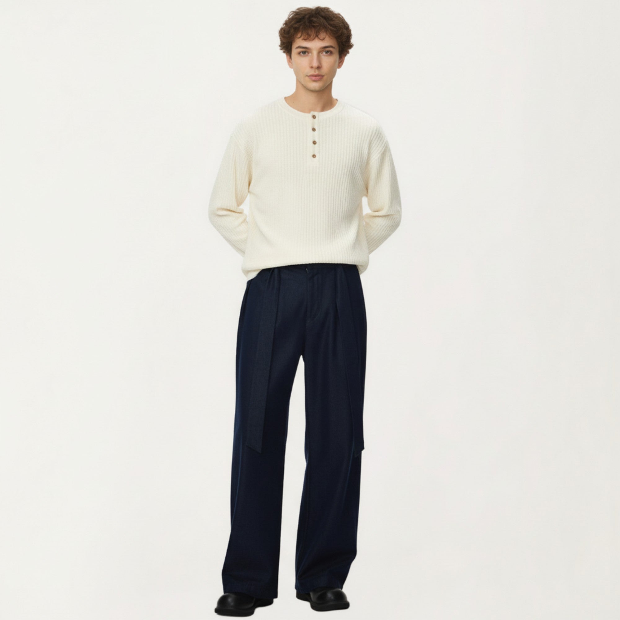 Anna-Kaci Men's Long Sleeve Ribbed Knit Henley Pullover with Button Placket and Relaxed Fit