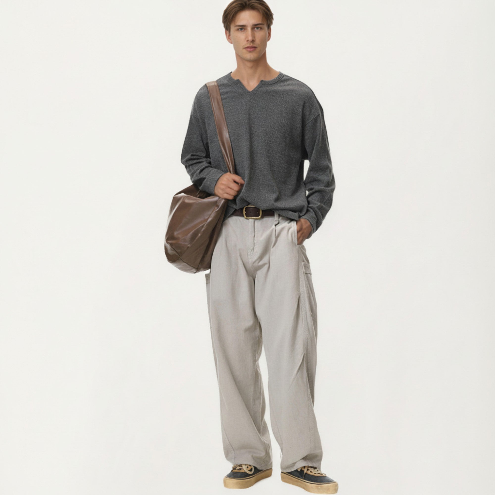 Anna-Kaci Men's Long Sleeve Pullover Top with Layered Notch Neckline and Relaxed Fit
