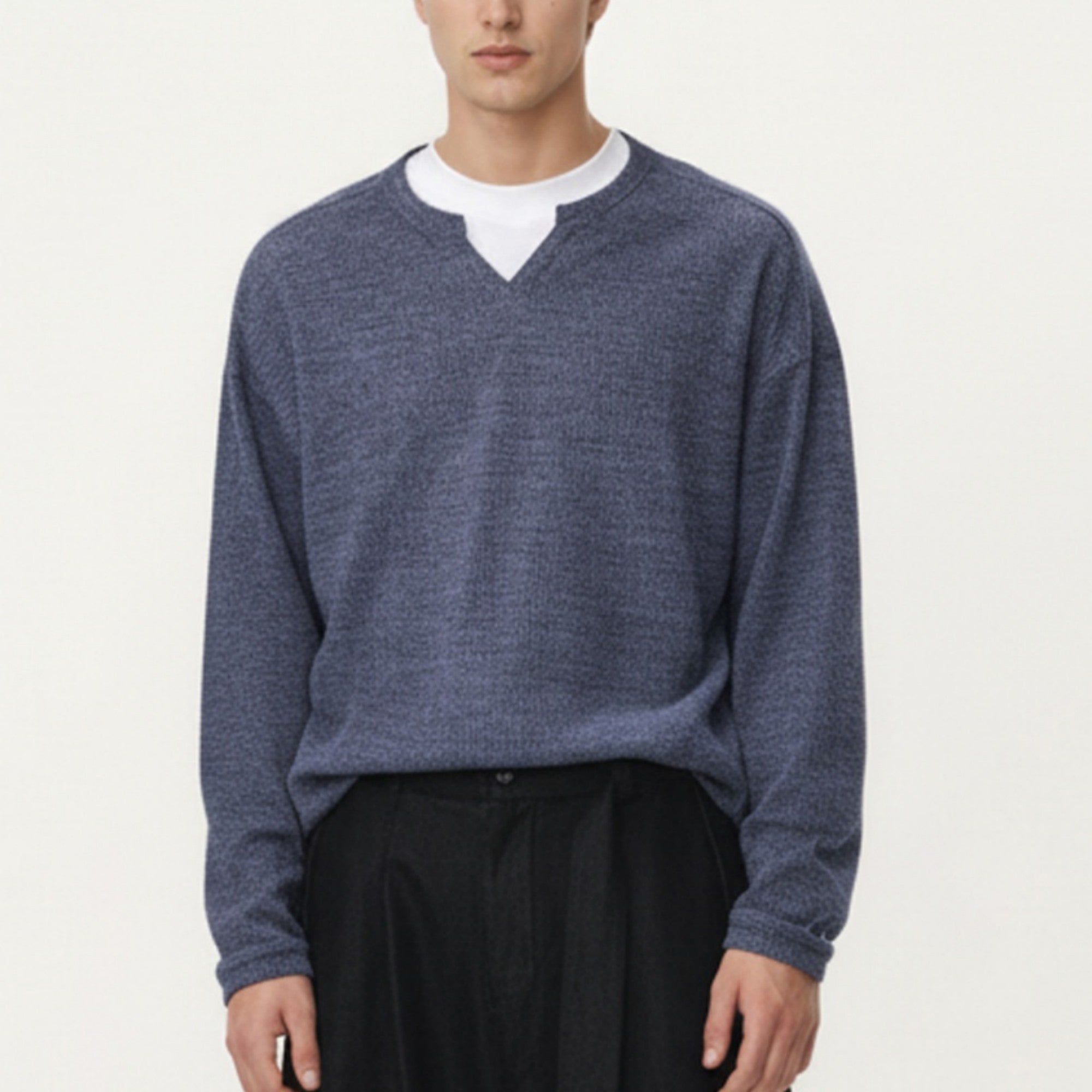 Anna-Kaci Men's Long Sleeve Pullover Top with Layered Notch Neckline and Relaxed Fit