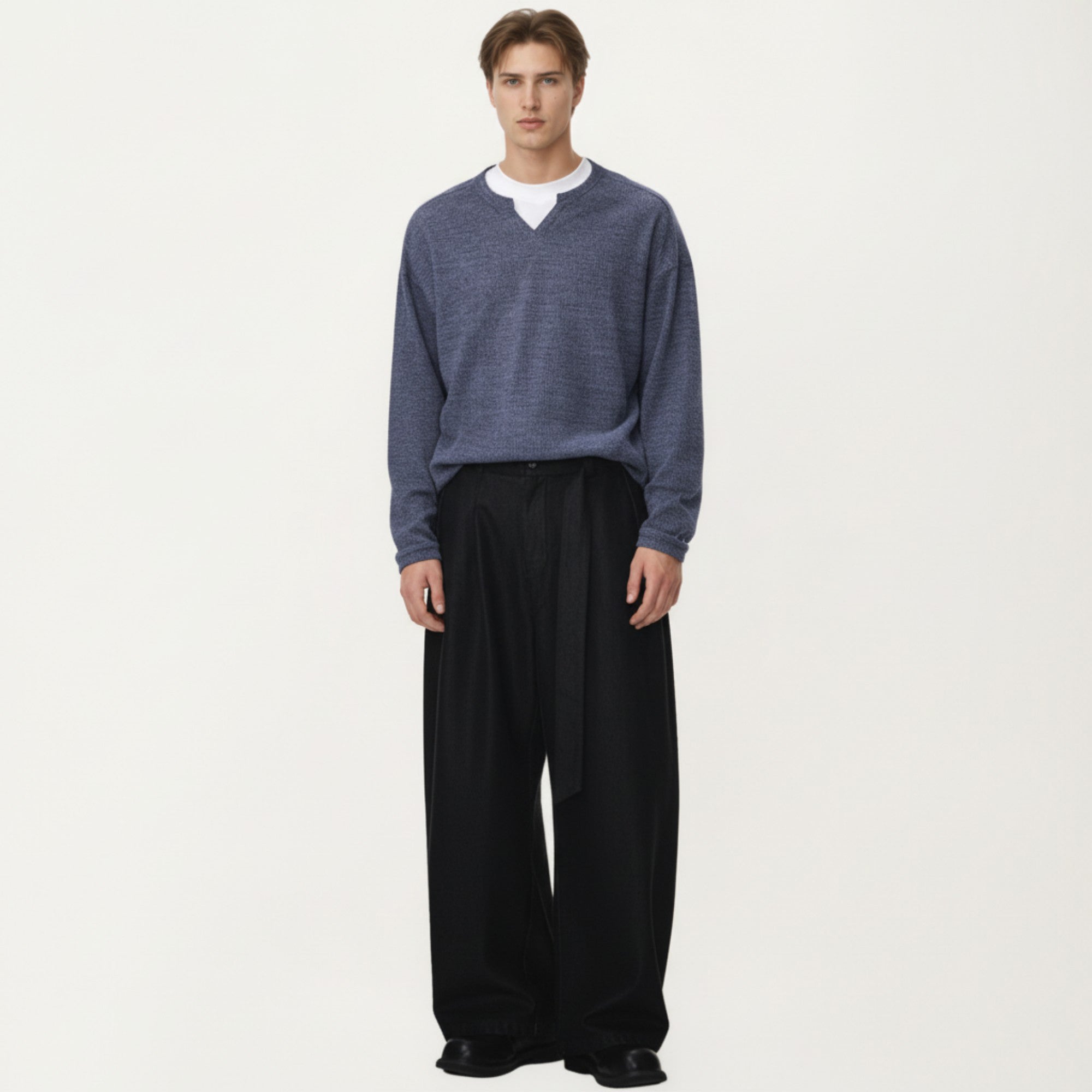 Anna-Kaci Men's Long Sleeve Pullover Top with Layered Notch Neckline and Relaxed Fit
