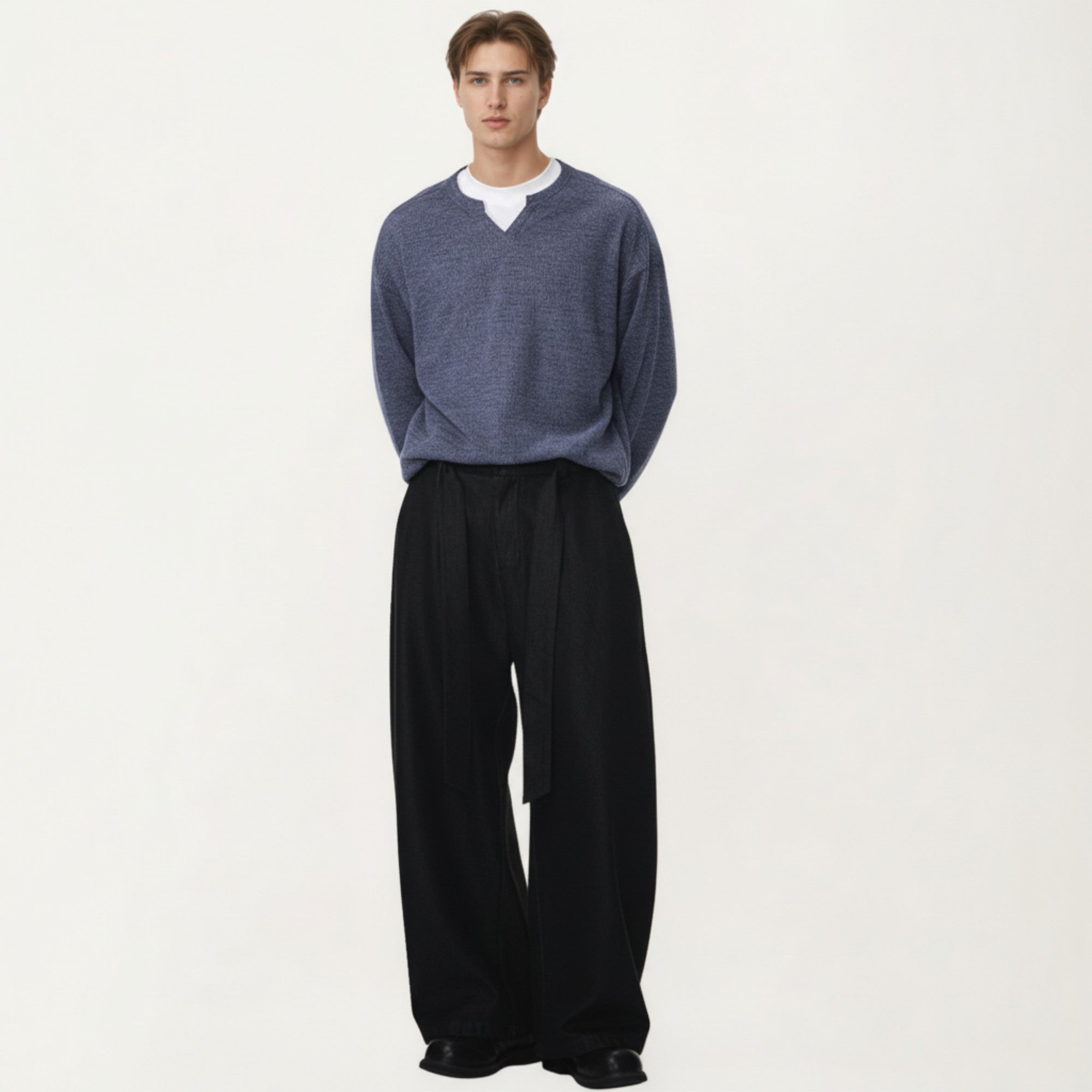 Anna-Kaci Men's Long Sleeve Pullover Top with Layered Notch Neckline and Relaxed Fit