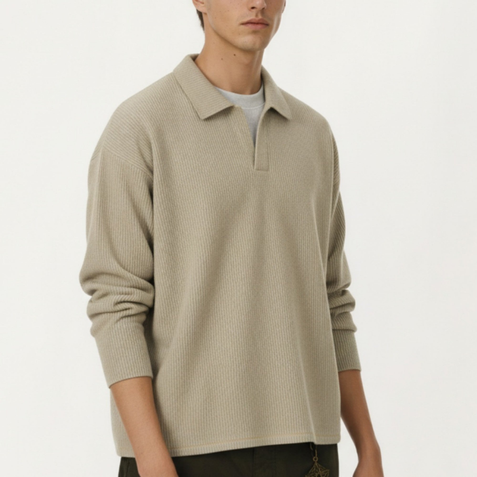 Anna-Kaci Men's Ribbed Long Sleeve Collared Pullover Top with Relaxed Fit