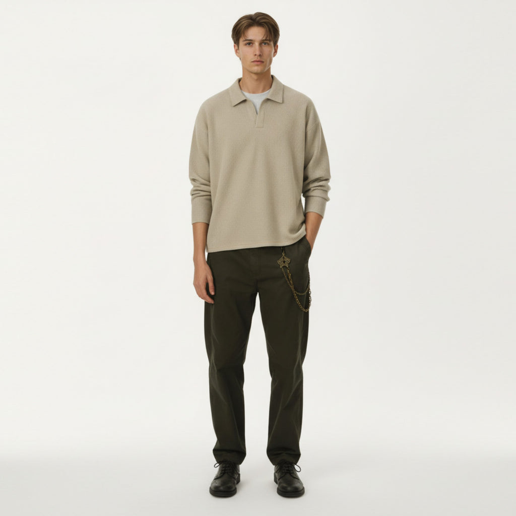 Anna-Kaci Men's Ribbed Long Sleeve Collared Pullover Top with Relaxed Fit