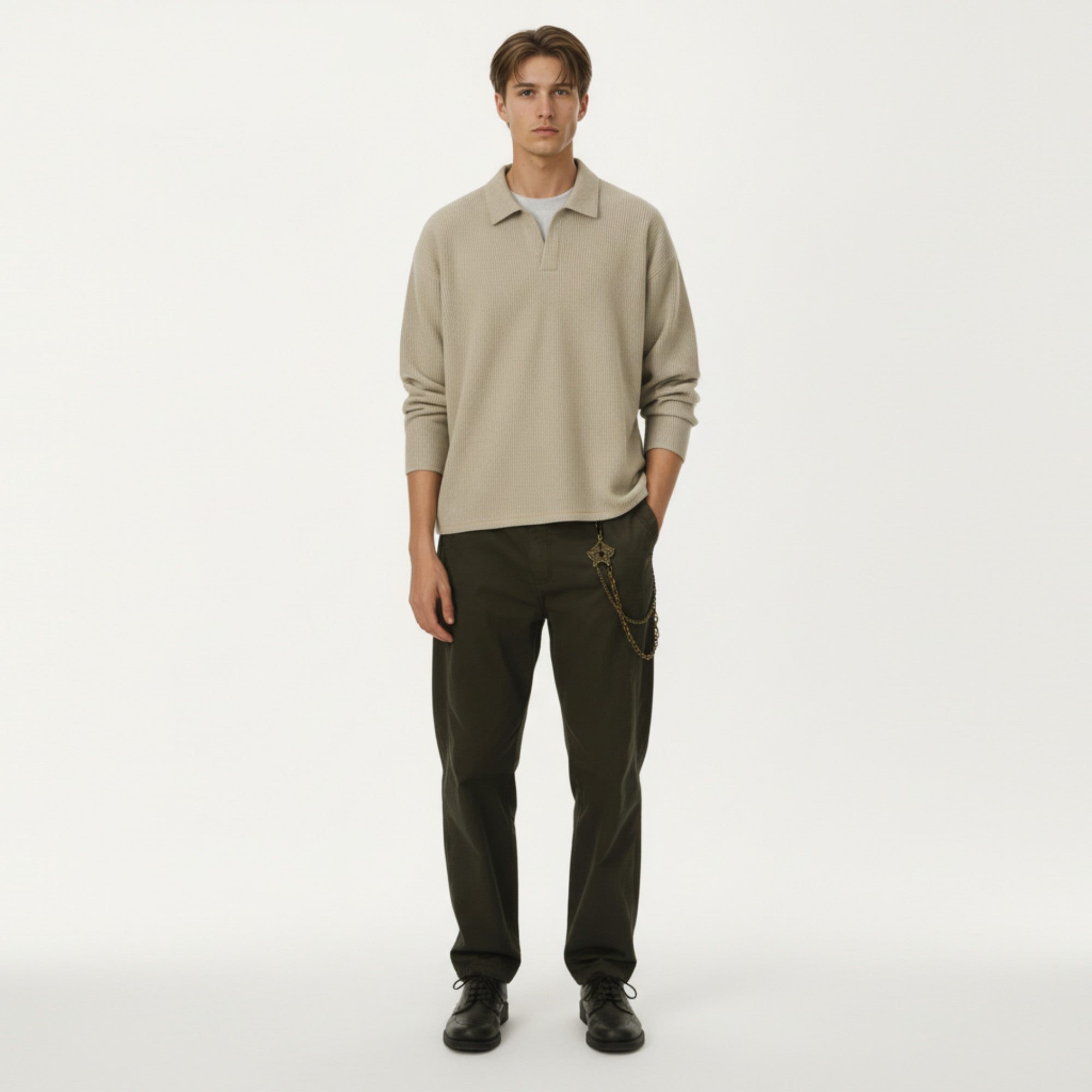 Anna-Kaci Men's Ribbed Long Sleeve Collared Pullover Top with Relaxed Fit