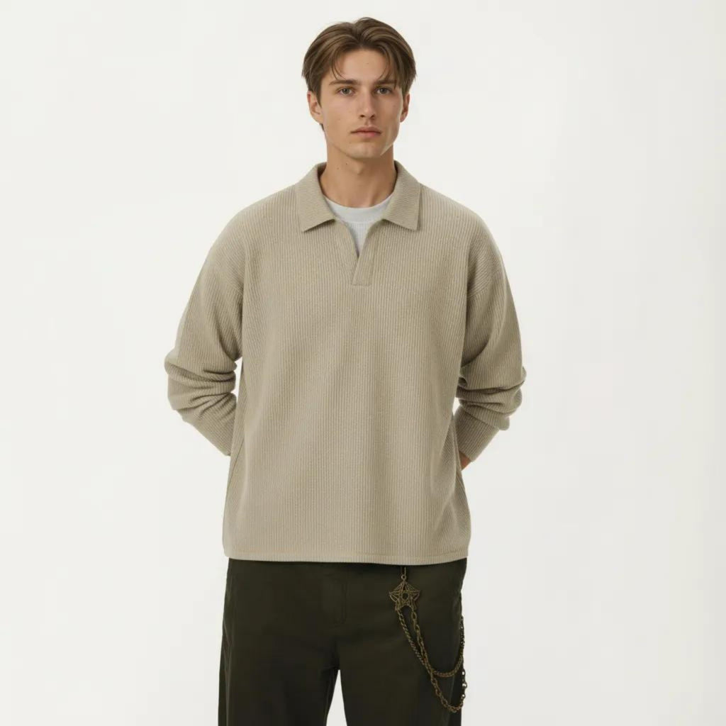 Anna-Kaci Men's Ribbed Long Sleeve Collared Pullover Top with Relaxed Fit