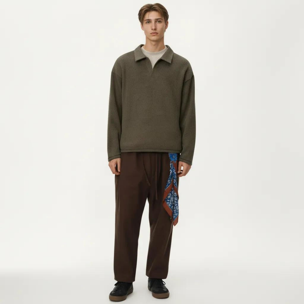 Anna-Kaci Men's Ribbed Long Sleeve Collared Pullover Top with Relaxed Fit