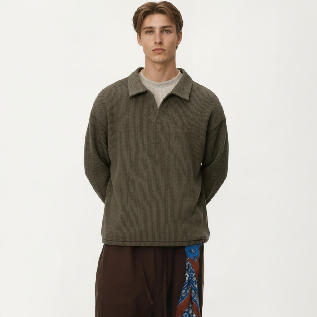 Anna-Kaci Men's Ribbed Long Sleeve Collared Pullover Top with Relaxed Fit