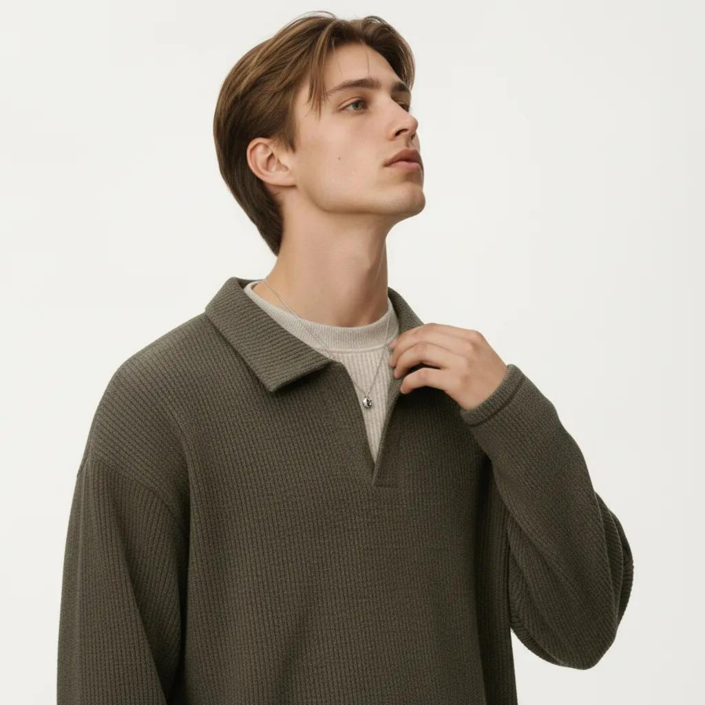 Anna-Kaci Men's Ribbed Long Sleeve Collared Pullover Top with Relaxed Fit