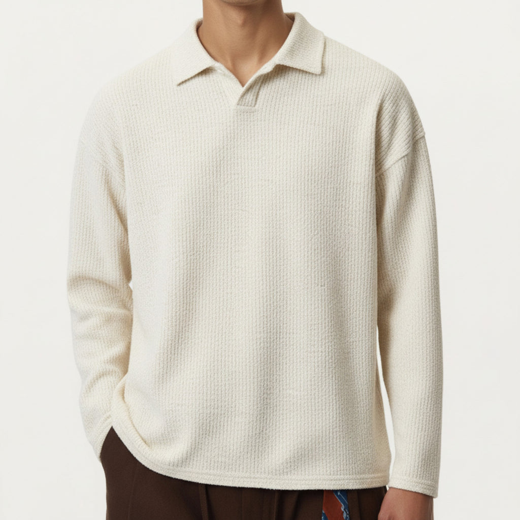 Anna-Kaci Men's Ribbed Long Sleeve Collared Pullover Top with Relaxed Fit