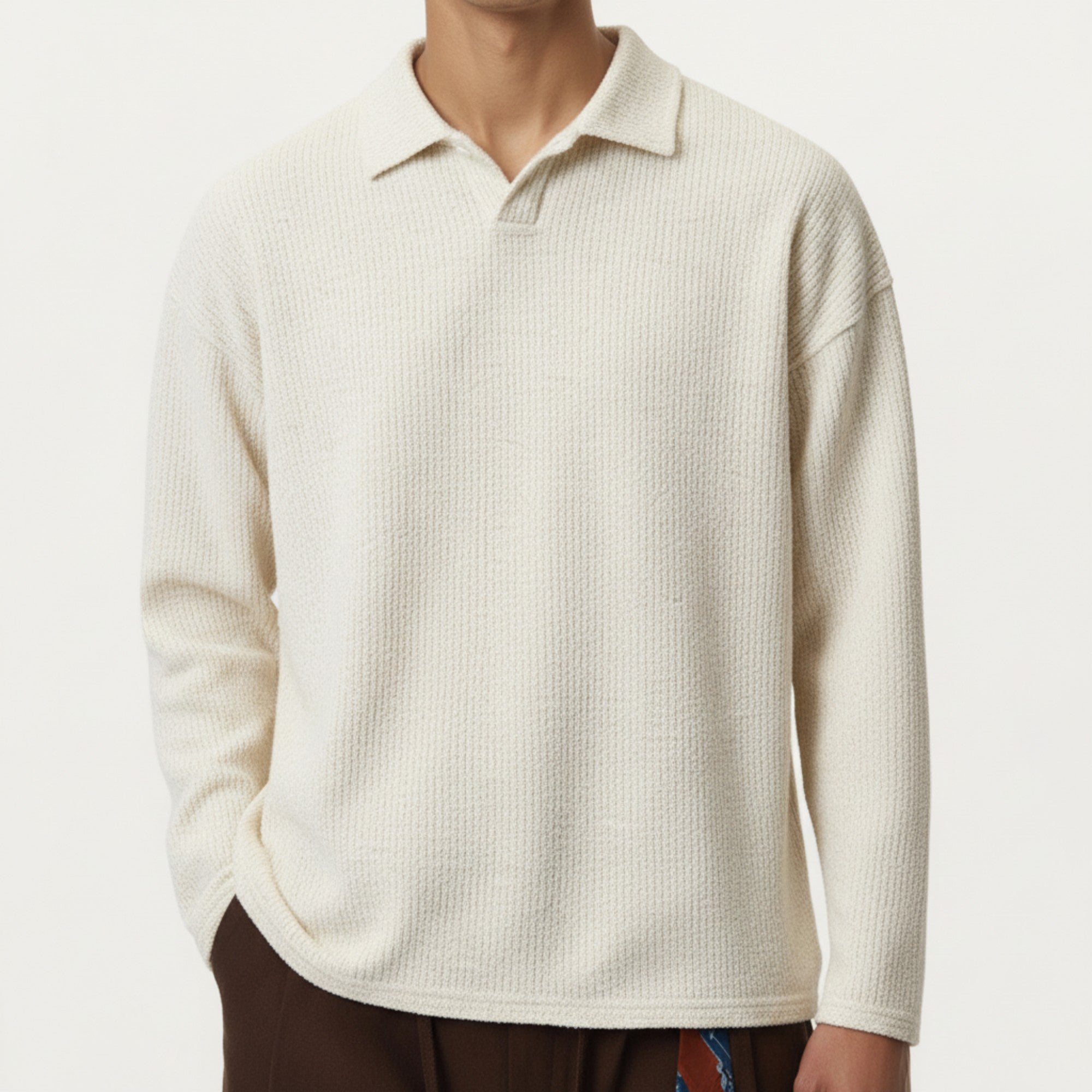 Anna-Kaci Men's Ribbed Long Sleeve Collared Pullover Top with Relaxed Fit