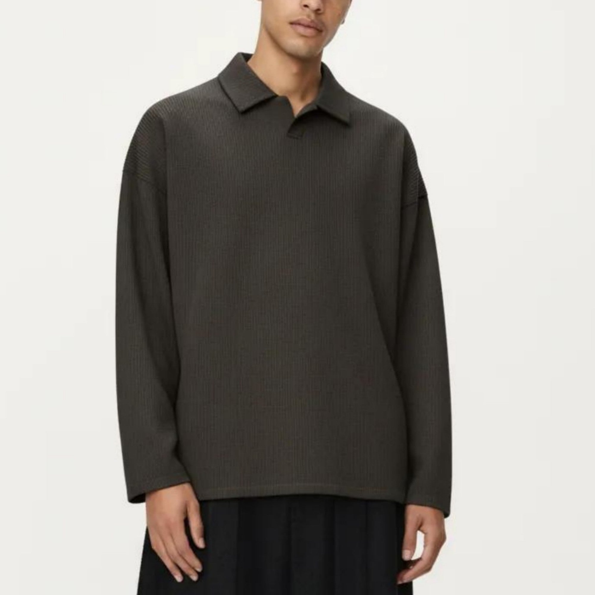 Anna-Kaci Men's Ribbed Long Sleeve Collared Pullover Top with Relaxed Fit
