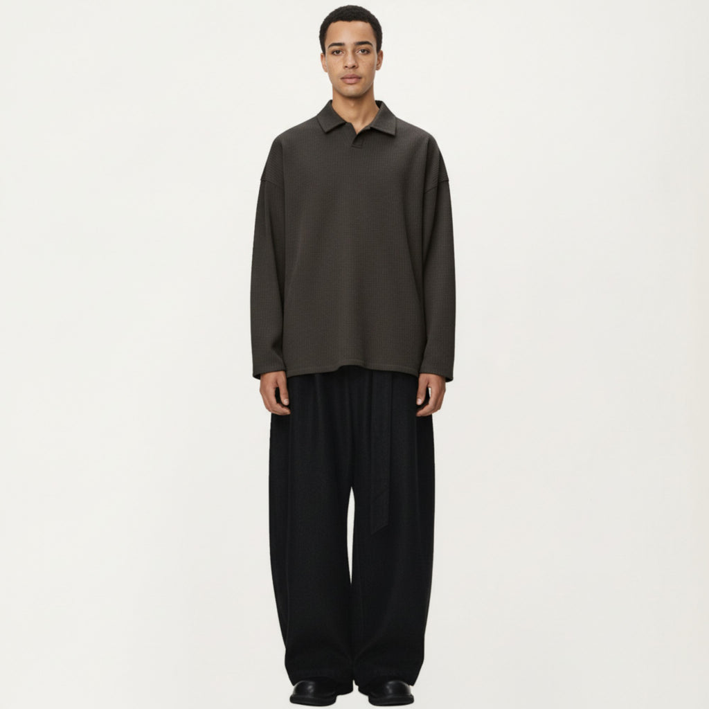Anna-Kaci Men's Ribbed Long Sleeve Collared Pullover Top with Relaxed Fit