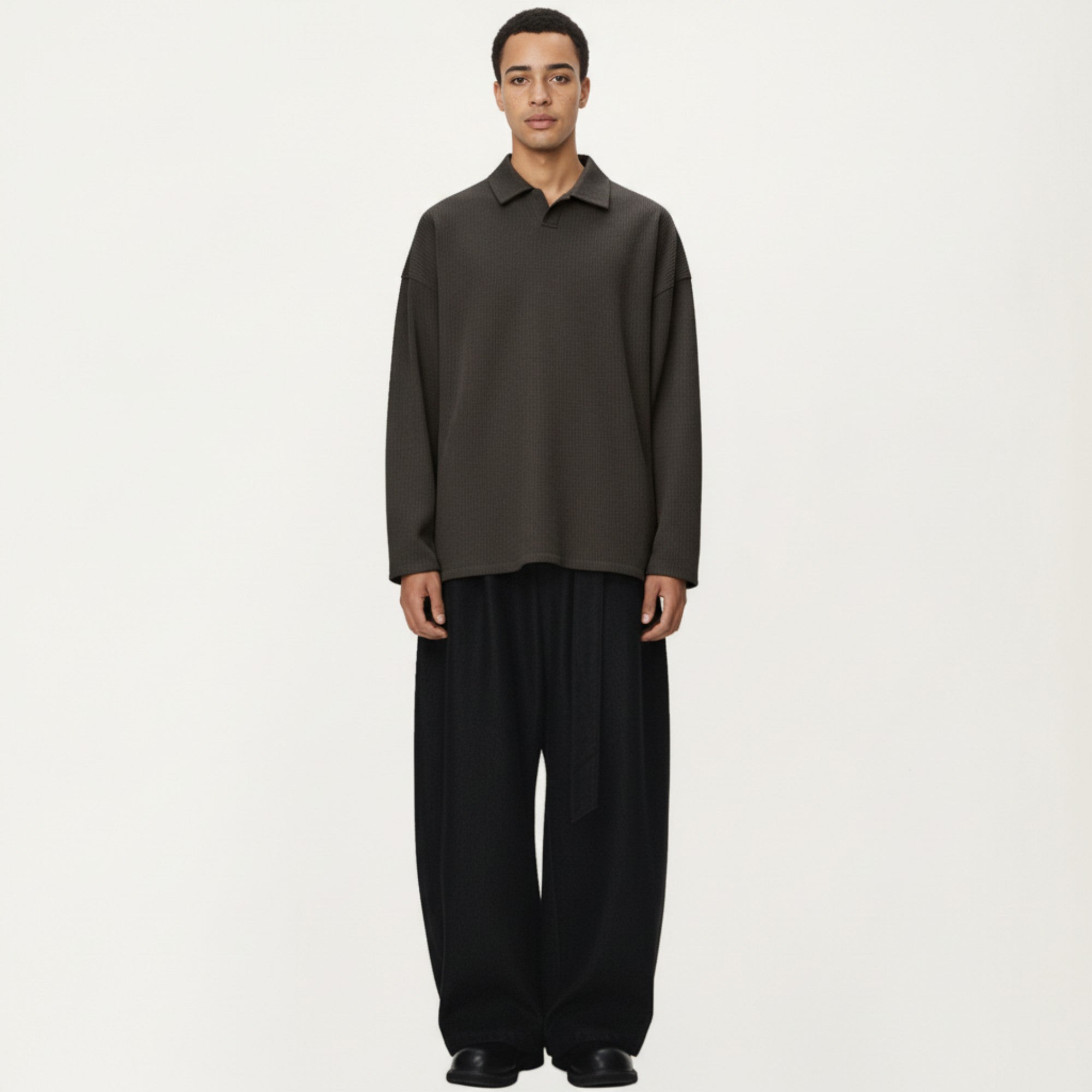 Anna-Kaci Men's Ribbed Long Sleeve Collared Pullover Top with Relaxed Fit