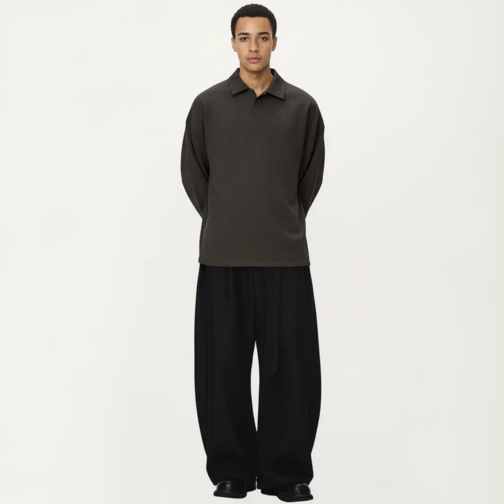 Anna-Kaci Men's Ribbed Long Sleeve Collared Pullover Top with Relaxed Fit