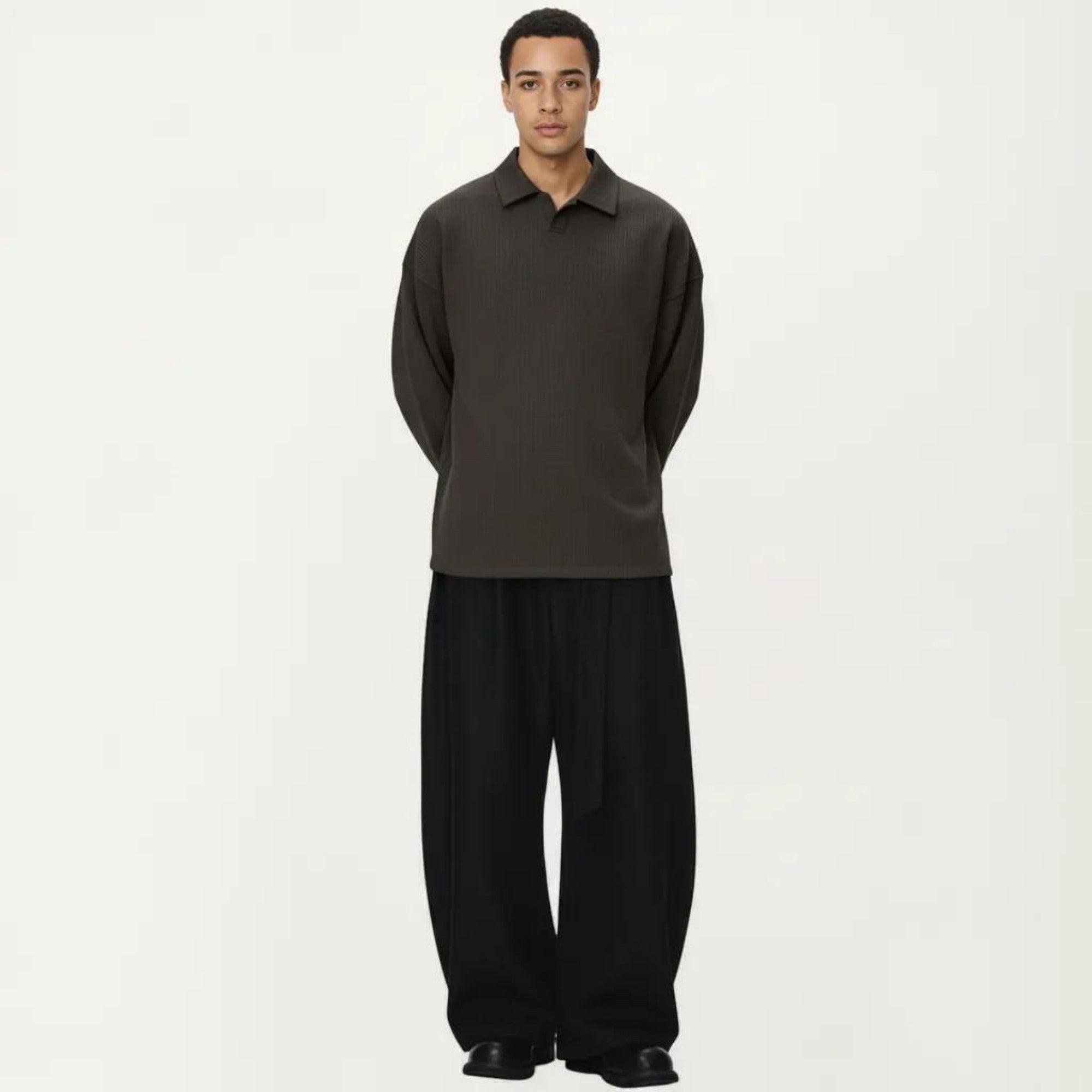 Anna-Kaci Men's Ribbed Long Sleeve Collared Pullover Top with Relaxed Fit