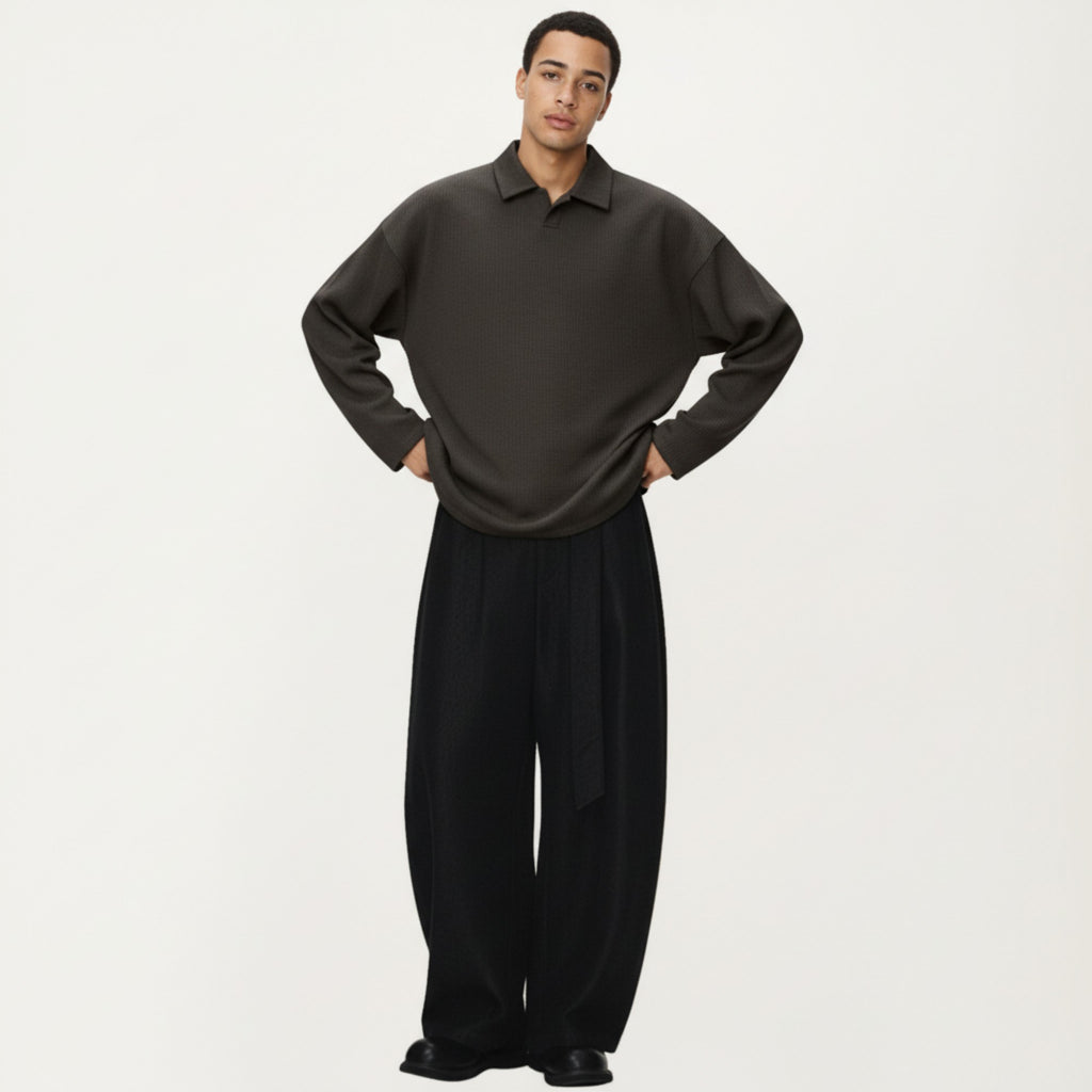 Anna-Kaci Men's Ribbed Long Sleeve Collared Pullover Top with Relaxed Fit