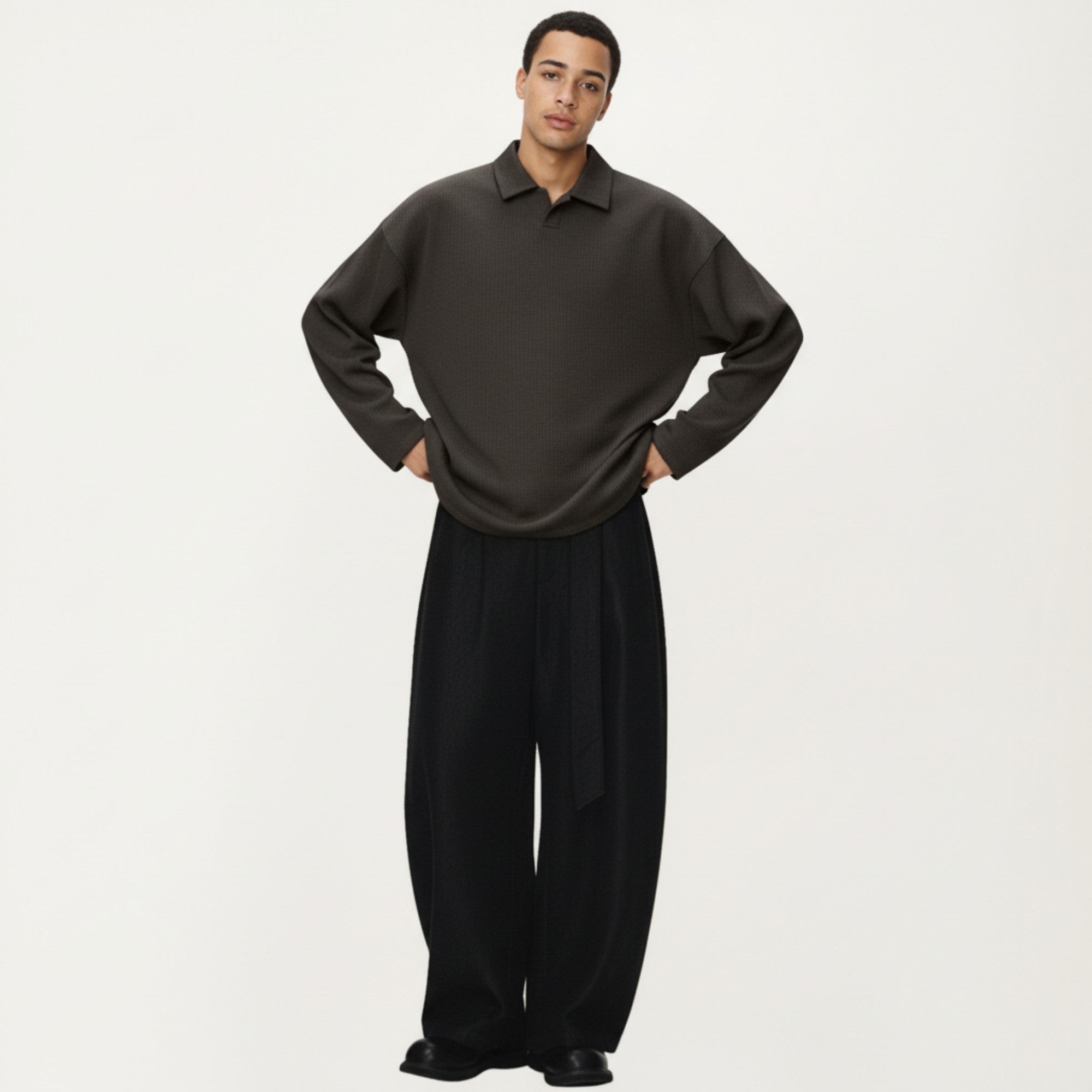 Anna-Kaci Men's Ribbed Long Sleeve Collared Pullover Top with Relaxed Fit