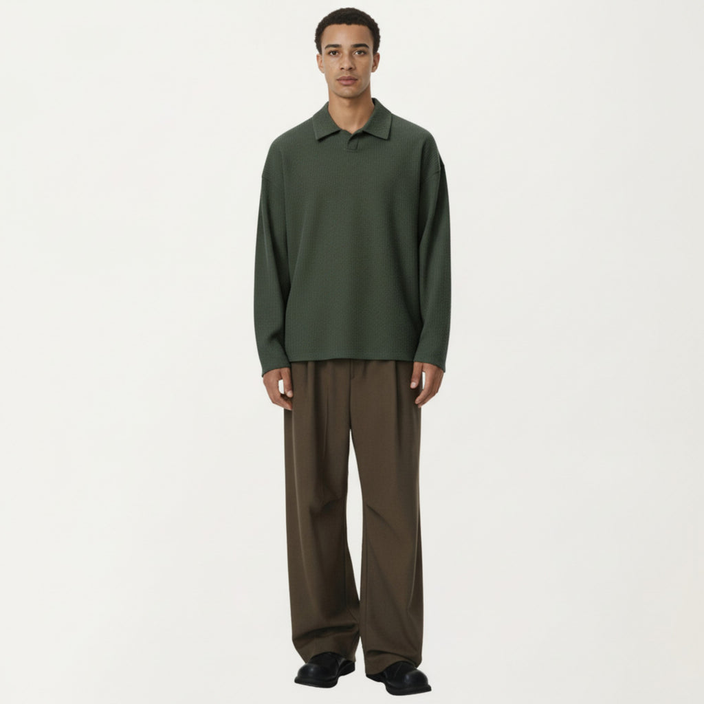 Anna-Kaci Men's Ribbed Long Sleeve Collared Pullover Top with Relaxed Fit