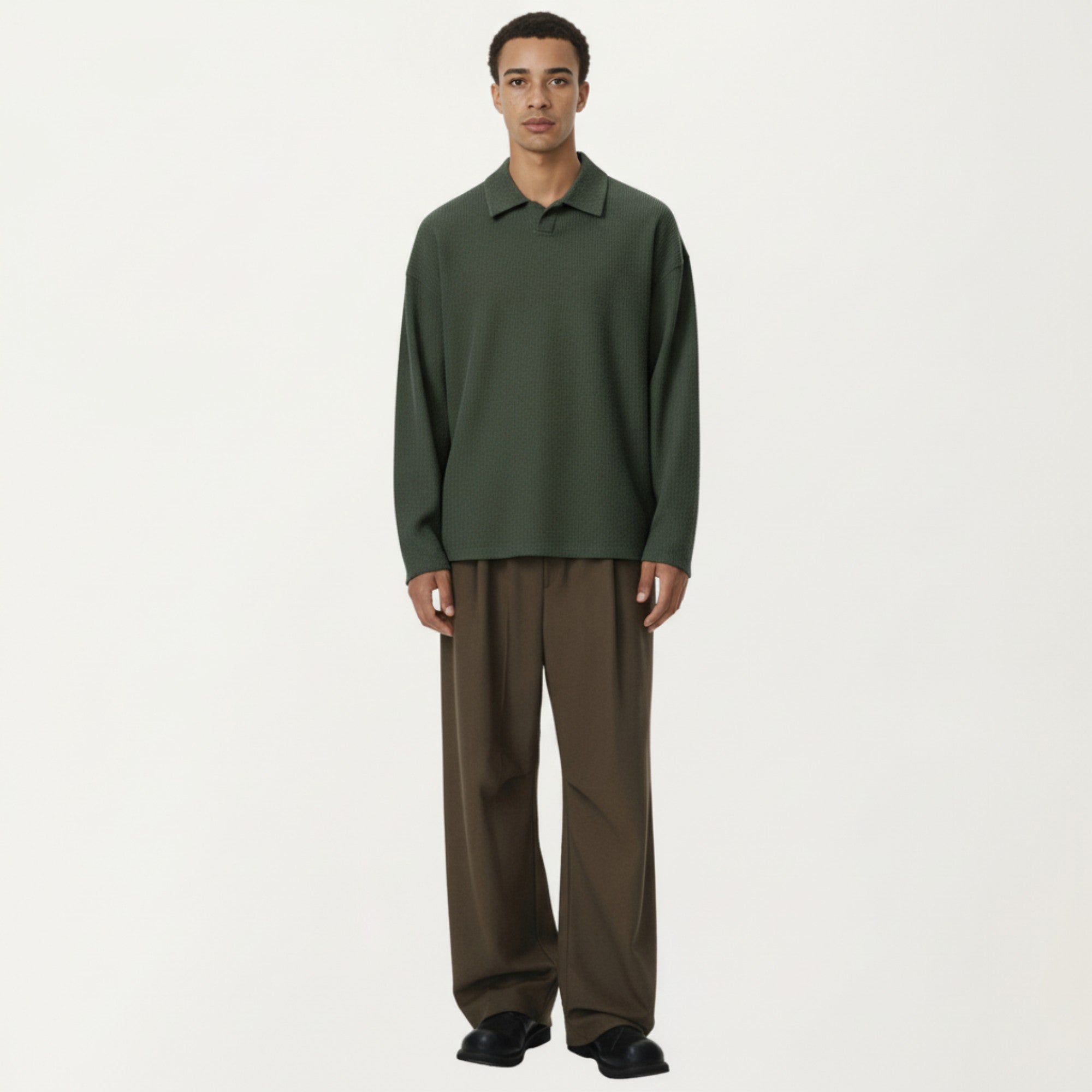 Anna-Kaci Men's Ribbed Long Sleeve Collared Pullover Top with Relaxed Fit