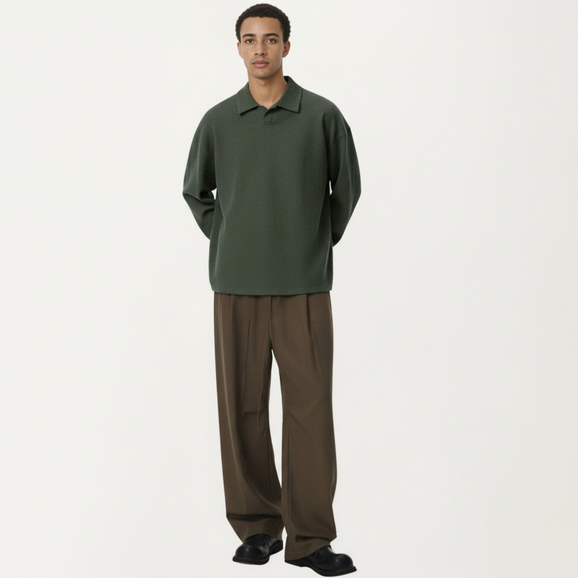 Anna-Kaci Men's Ribbed Long Sleeve Collared Pullover Top with Relaxed Fit