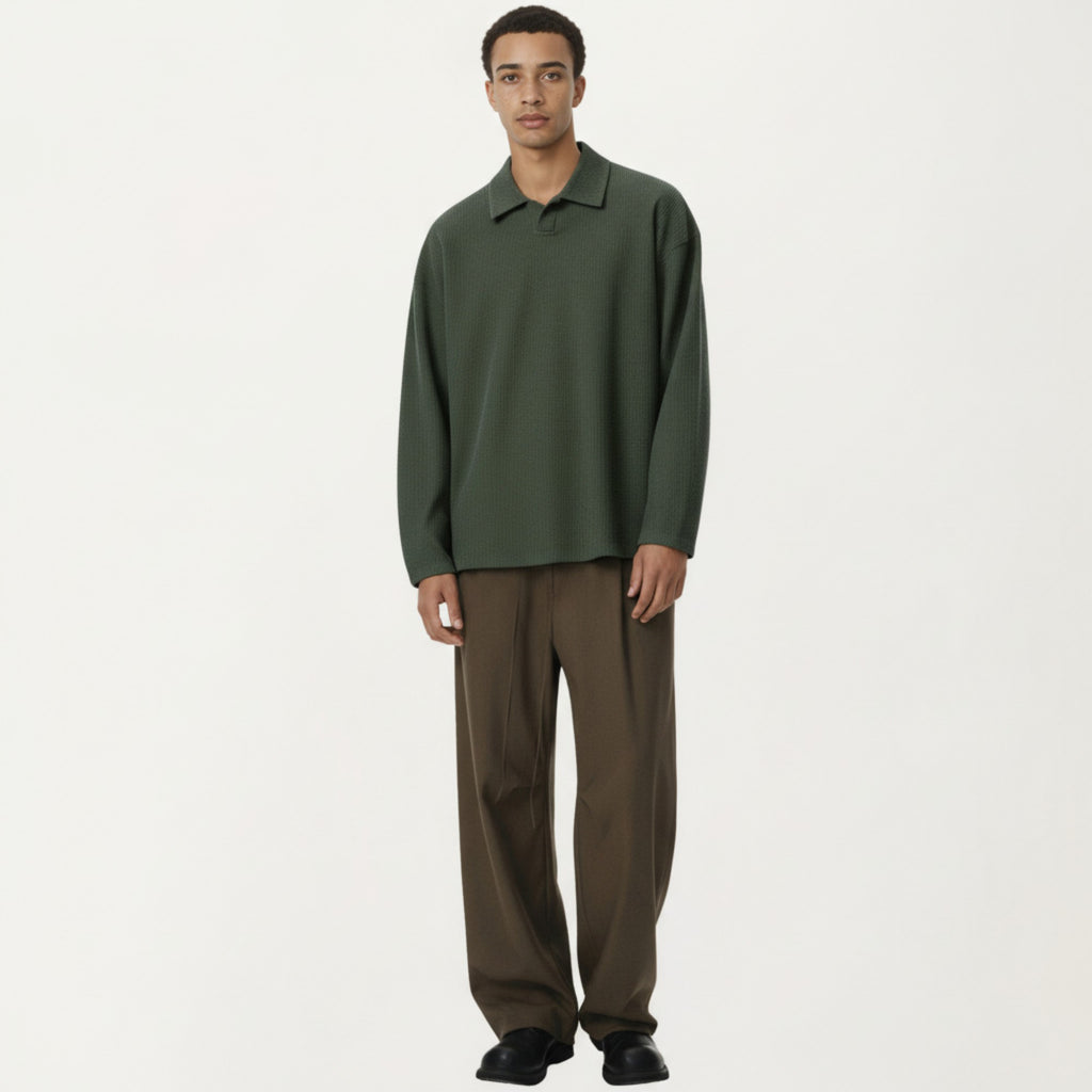 Anna-Kaci Men's Ribbed Long Sleeve Collared Pullover Top with Relaxed Fit