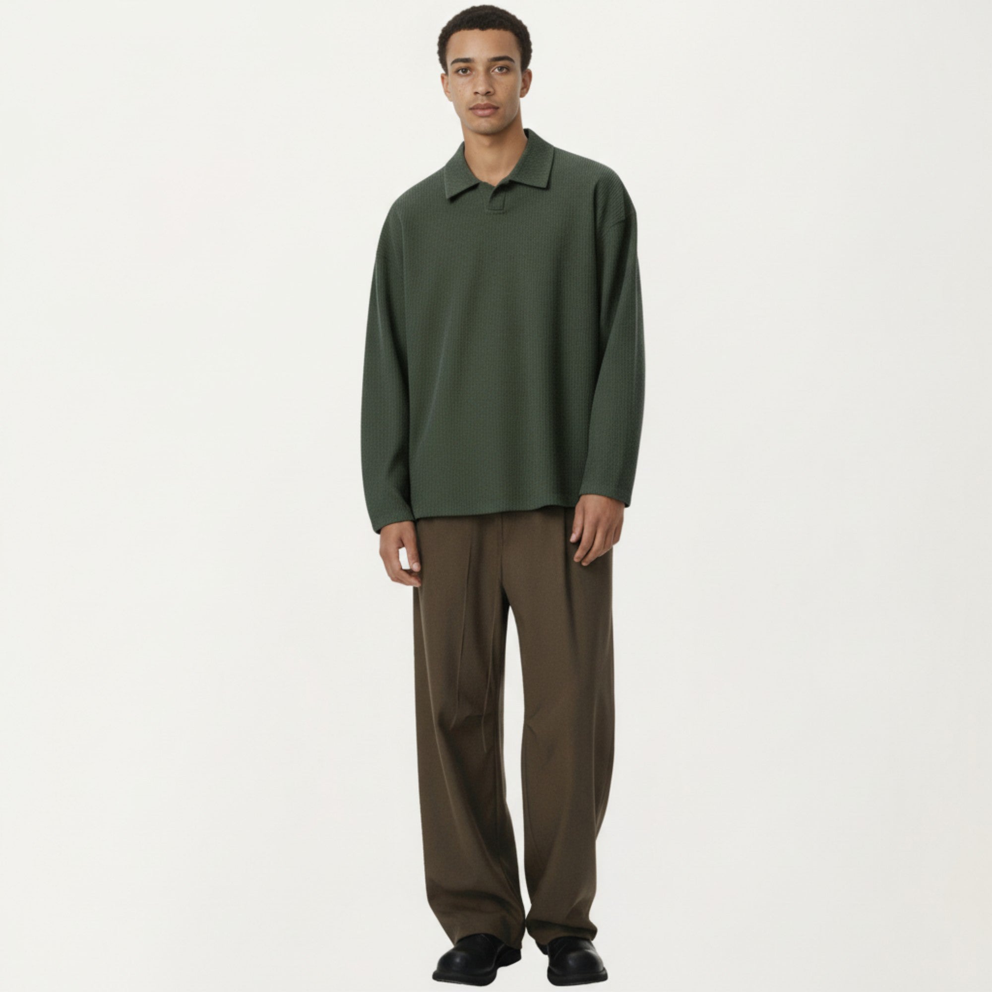 Anna-Kaci Men's Ribbed Long Sleeve Collared Pullover Top with Relaxed Fit