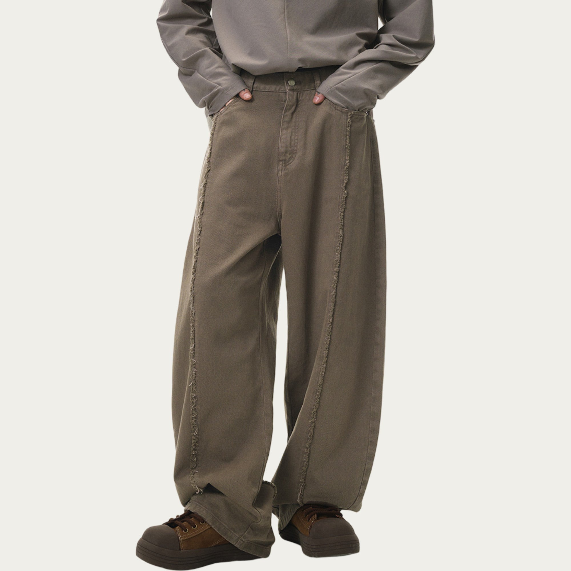Anna-Kaci Men's Relaxed Fit Straight Leg Pants with Vertical Seam Detail and Button Closure