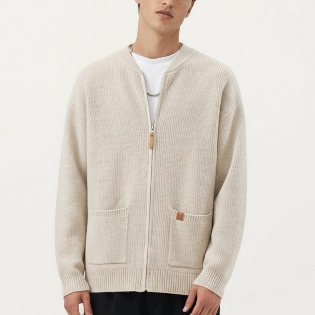 Anna-Kaci Men's Zip Front Knit Cardigan Sweater with Ribbed Trim and Patch Pockets