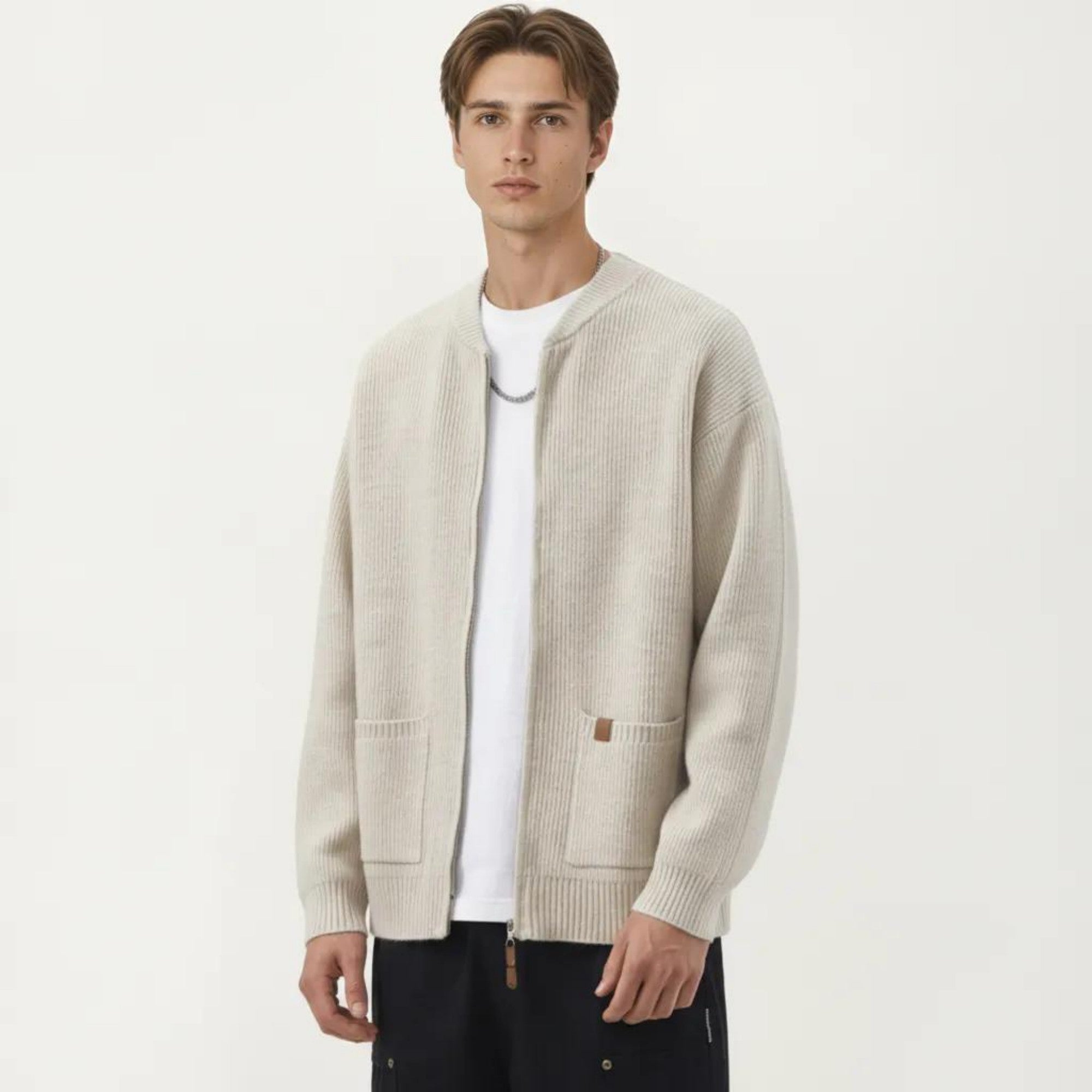 Anna-Kaci Men's Zip Front Knit Cardigan Sweater with Ribbed Trim and Patch Pockets