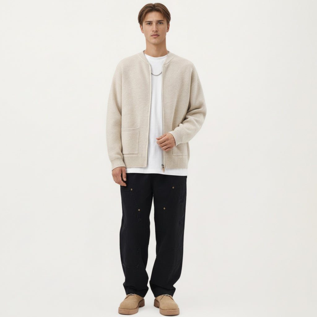 Anna-Kaci Men's Zip Front Knit Cardigan Sweater with Ribbed Trim and Patch Pockets