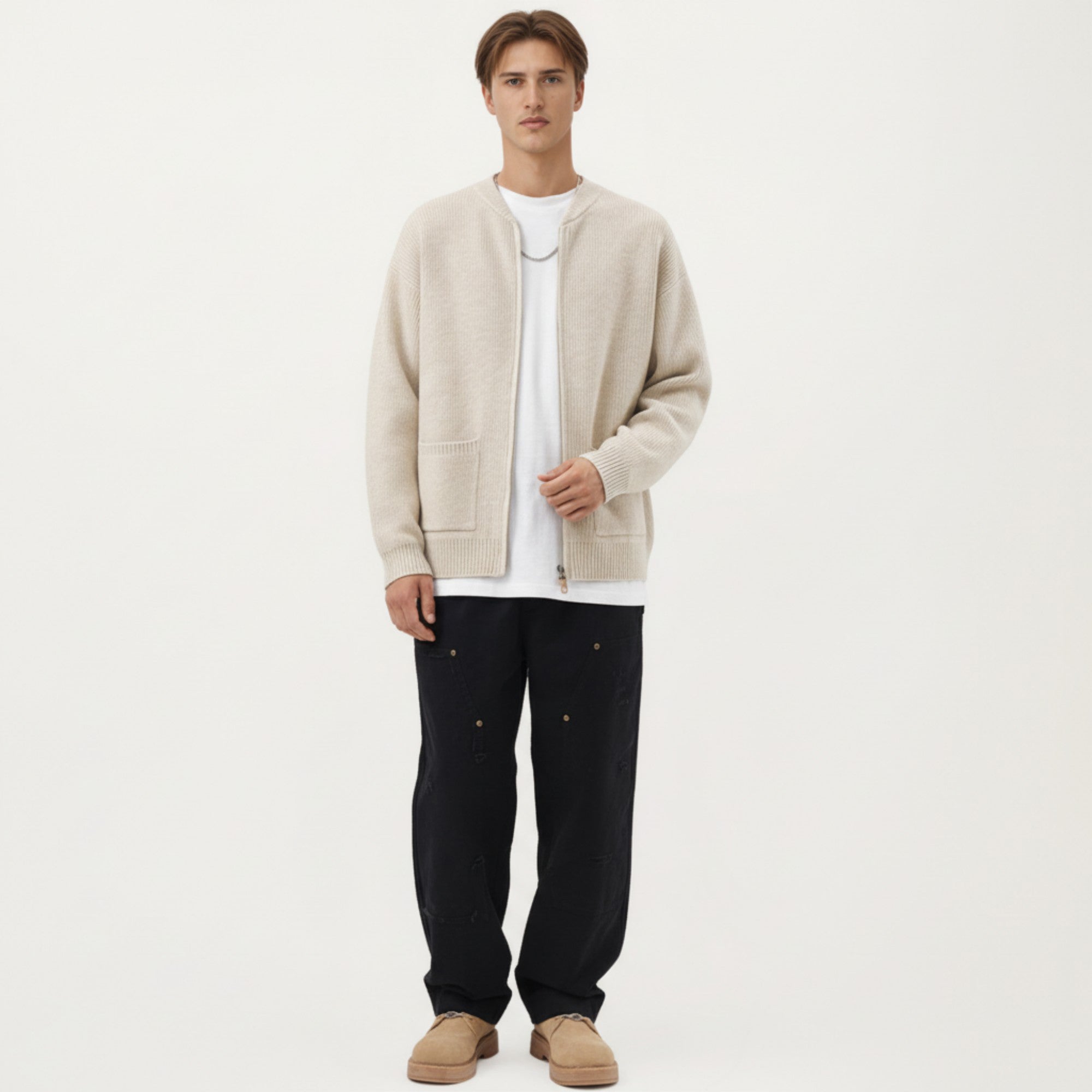 Anna-Kaci Men's Zip Front Knit Cardigan Sweater with Ribbed Trim and Patch Pockets