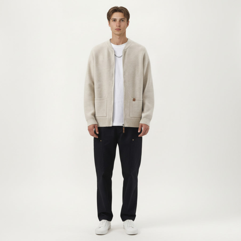 Anna-Kaci Men's Zip Front Knit Cardigan Sweater with Ribbed Trim and Patch Pockets
