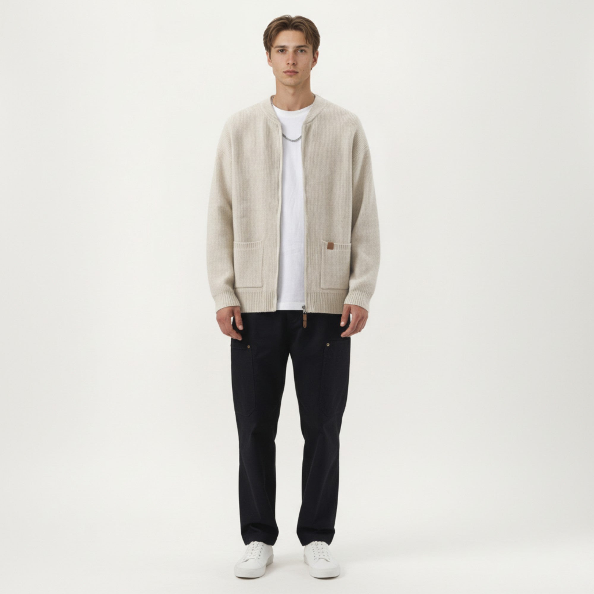 Anna-Kaci Men's Zip Front Knit Cardigan Sweater with Ribbed Trim and Patch Pockets