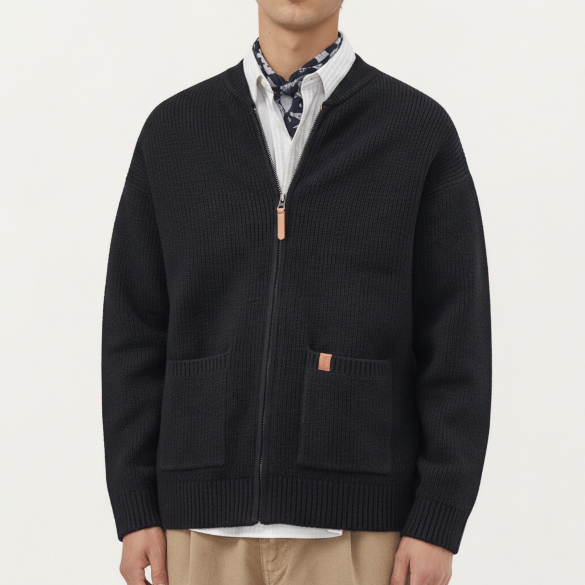 Anna-Kaci Men's Zip Front Knit Cardigan Sweater with Ribbed Trim and Patch Pockets